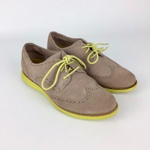 Cole Haan Womens LunarGrand Tan Suede Wingtip Oxford Shoes Lime Yellow size 7.5